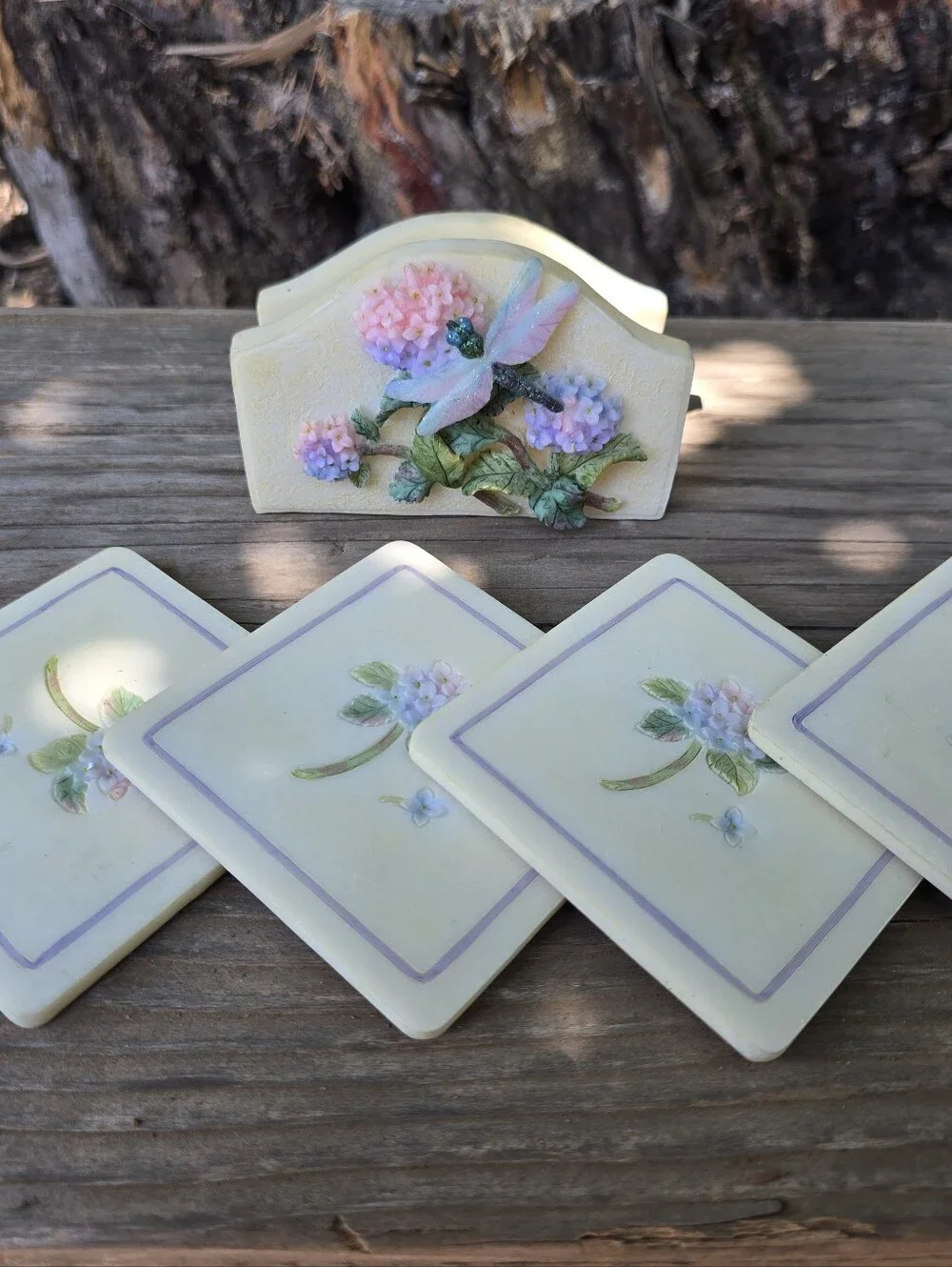 Vtg Dragonfly and Hydrangeas Pastel Coaster Set of 4 Resin 3D Cottagecore Shabby